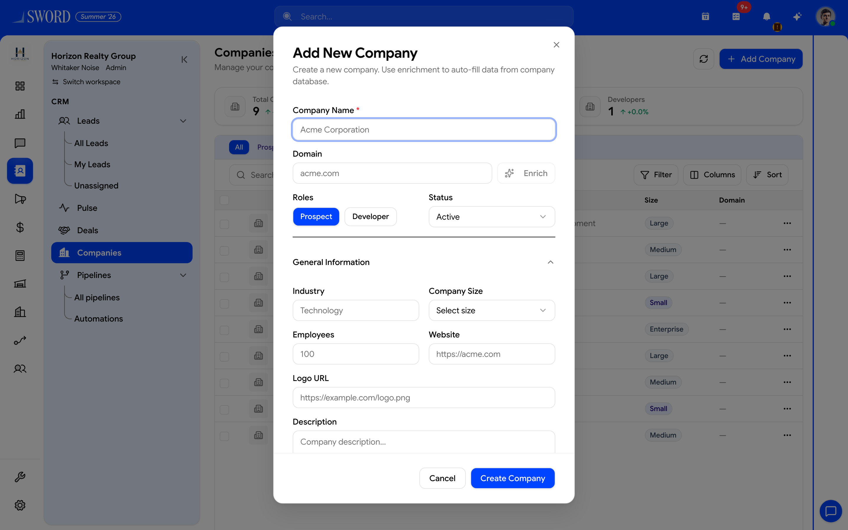 New company dialog for Horizon Realty