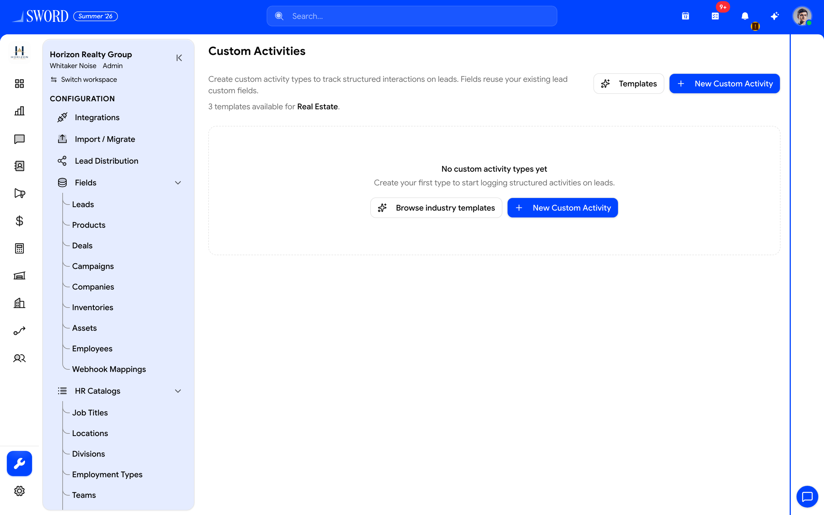 Custom Activities configuration with industry templates