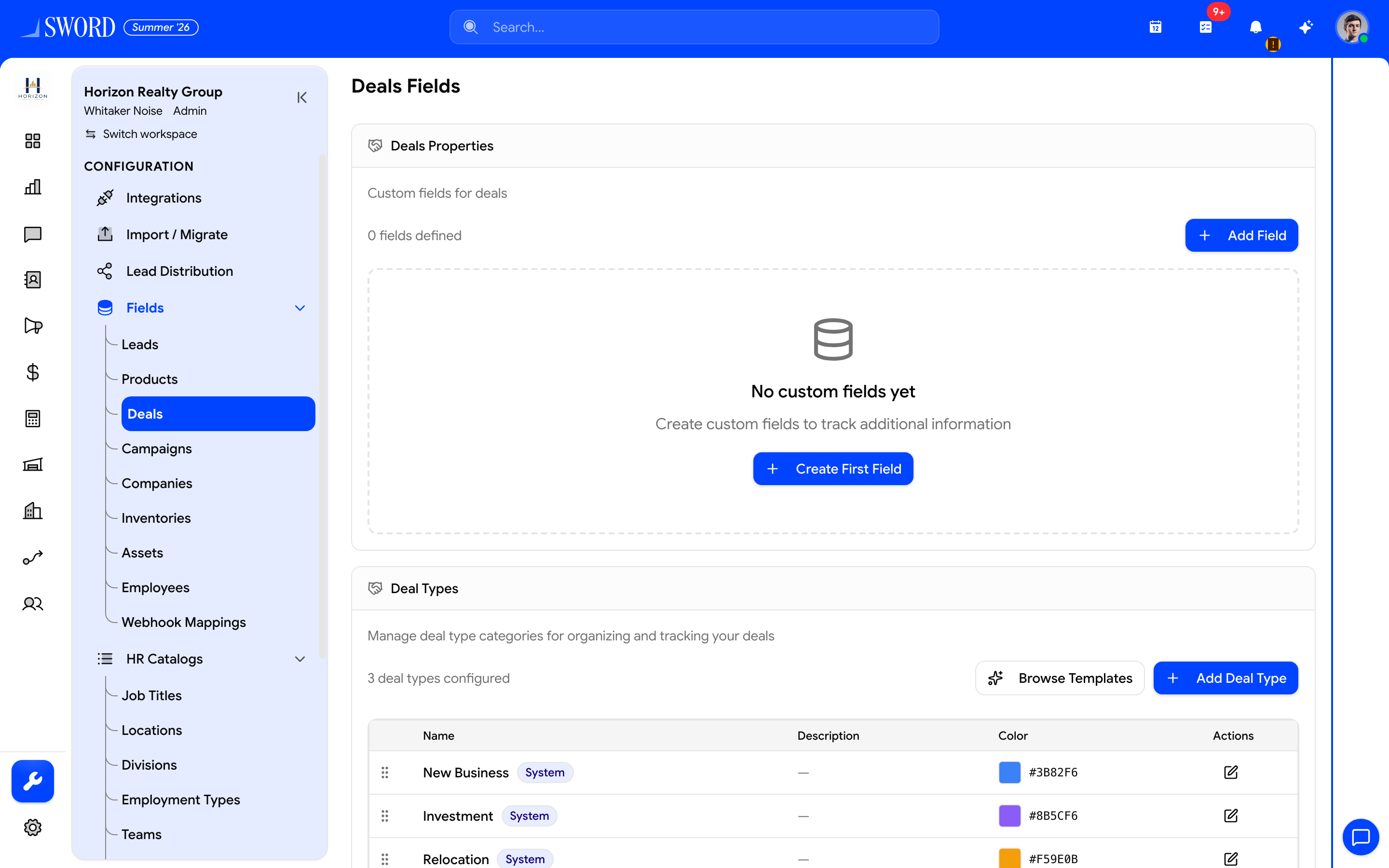 Deal Types manager on Fields → Deals