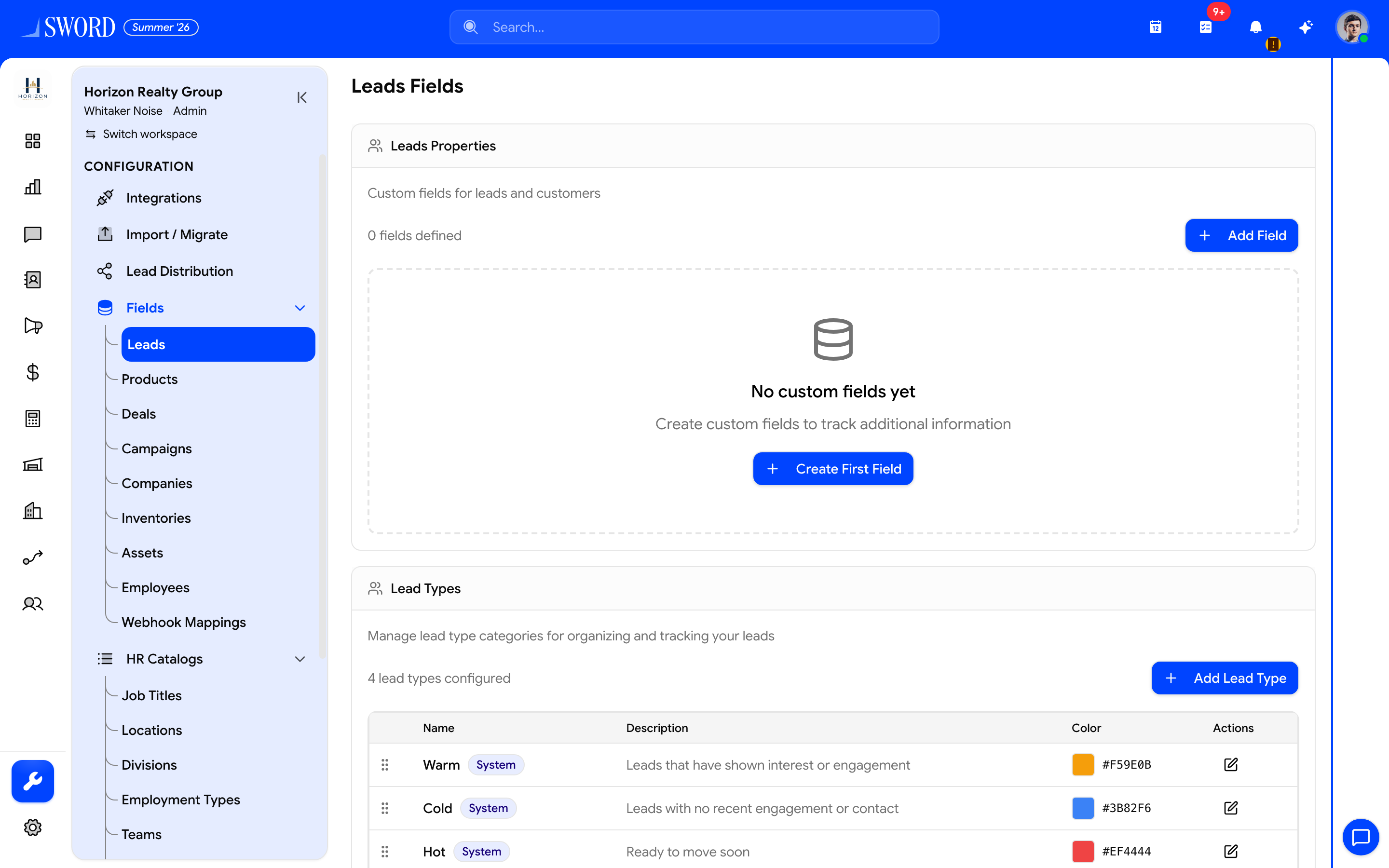 Lead Types manager on Fields → Leads
