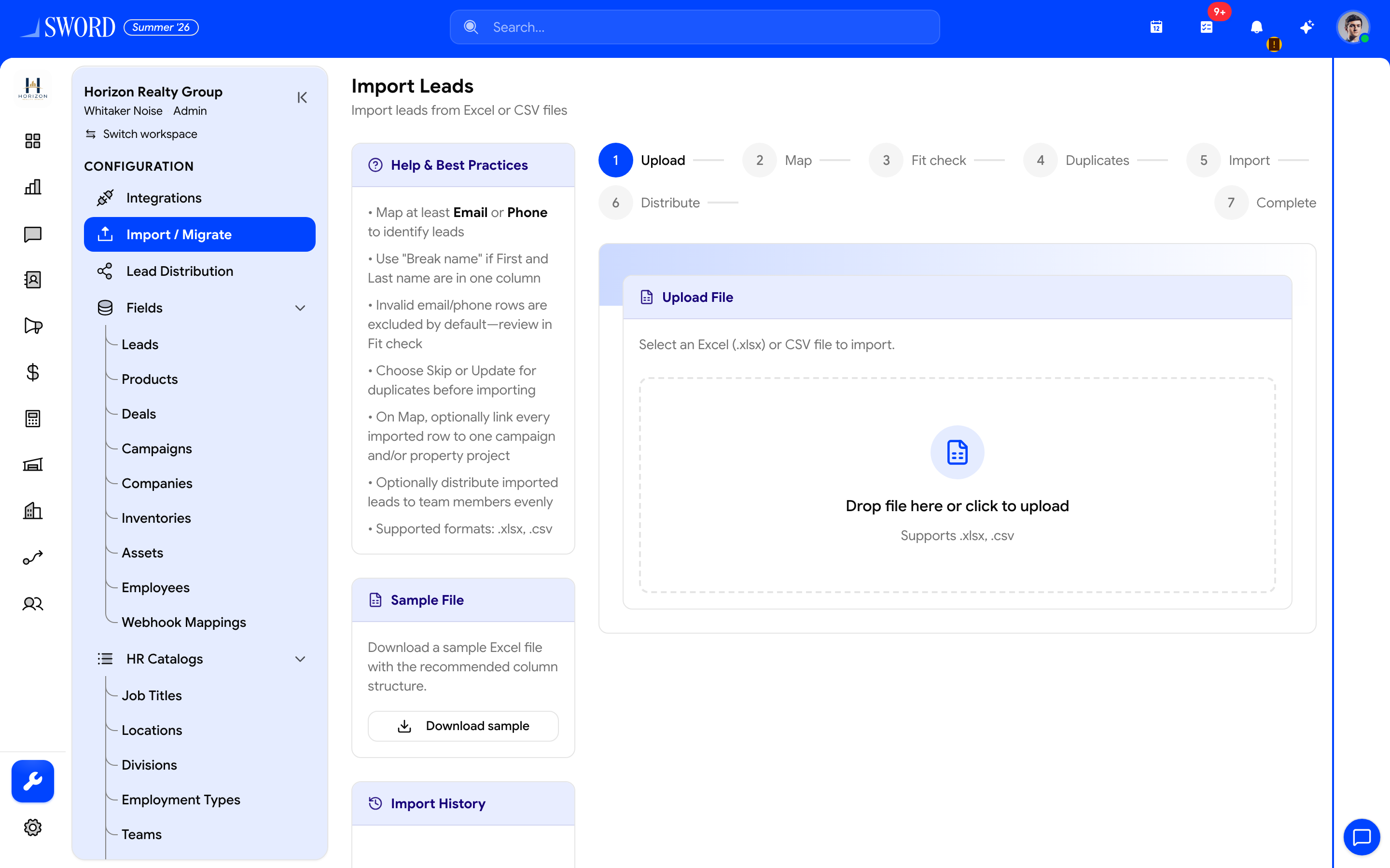 Import Leads upload step with sample download