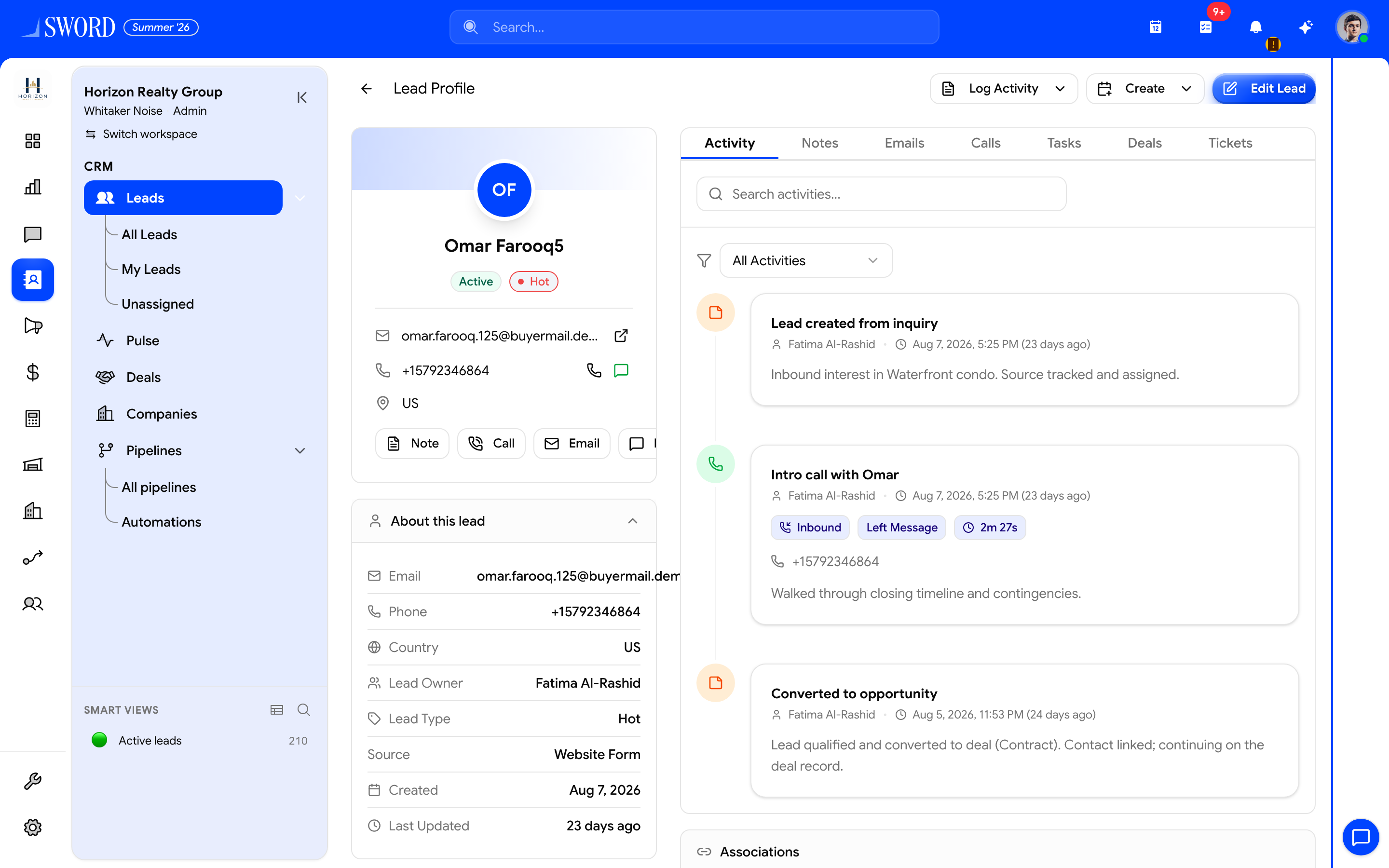 Lead profile with about card and activity timeline