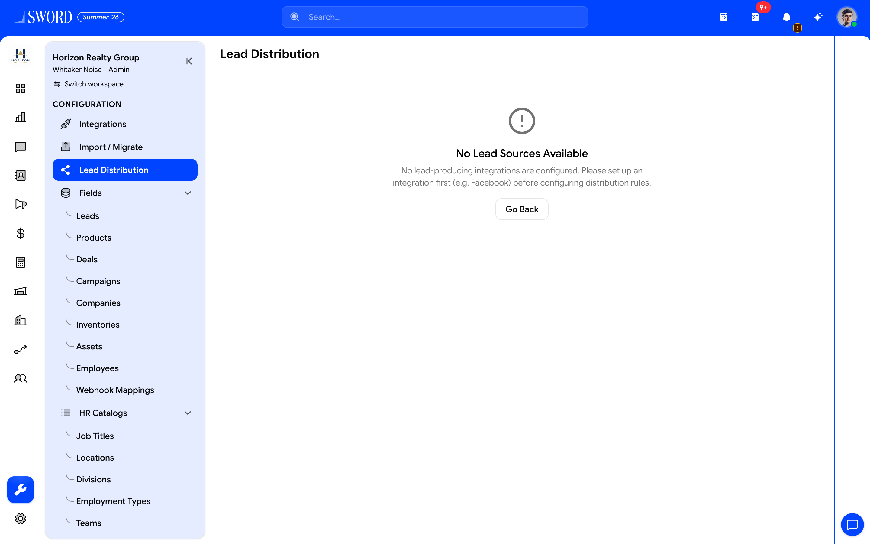 Lead Distribution page awaiting an active lead source