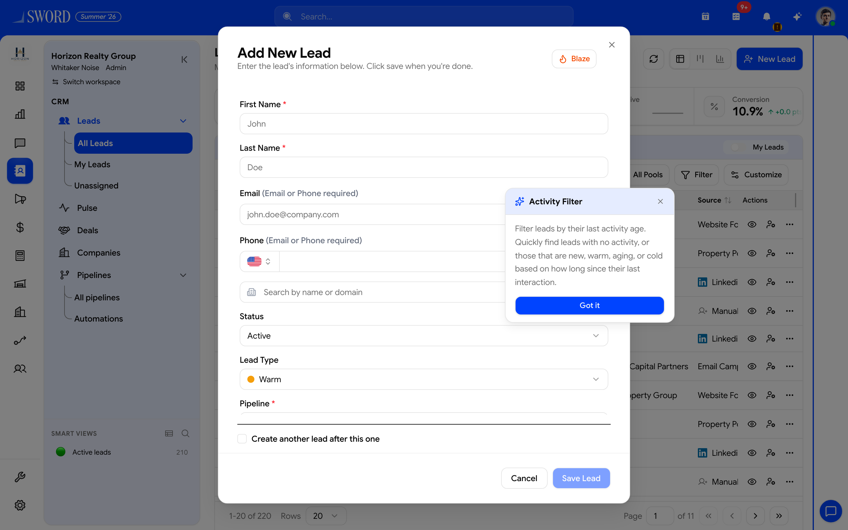 New Lead dialog for Horizon Realty