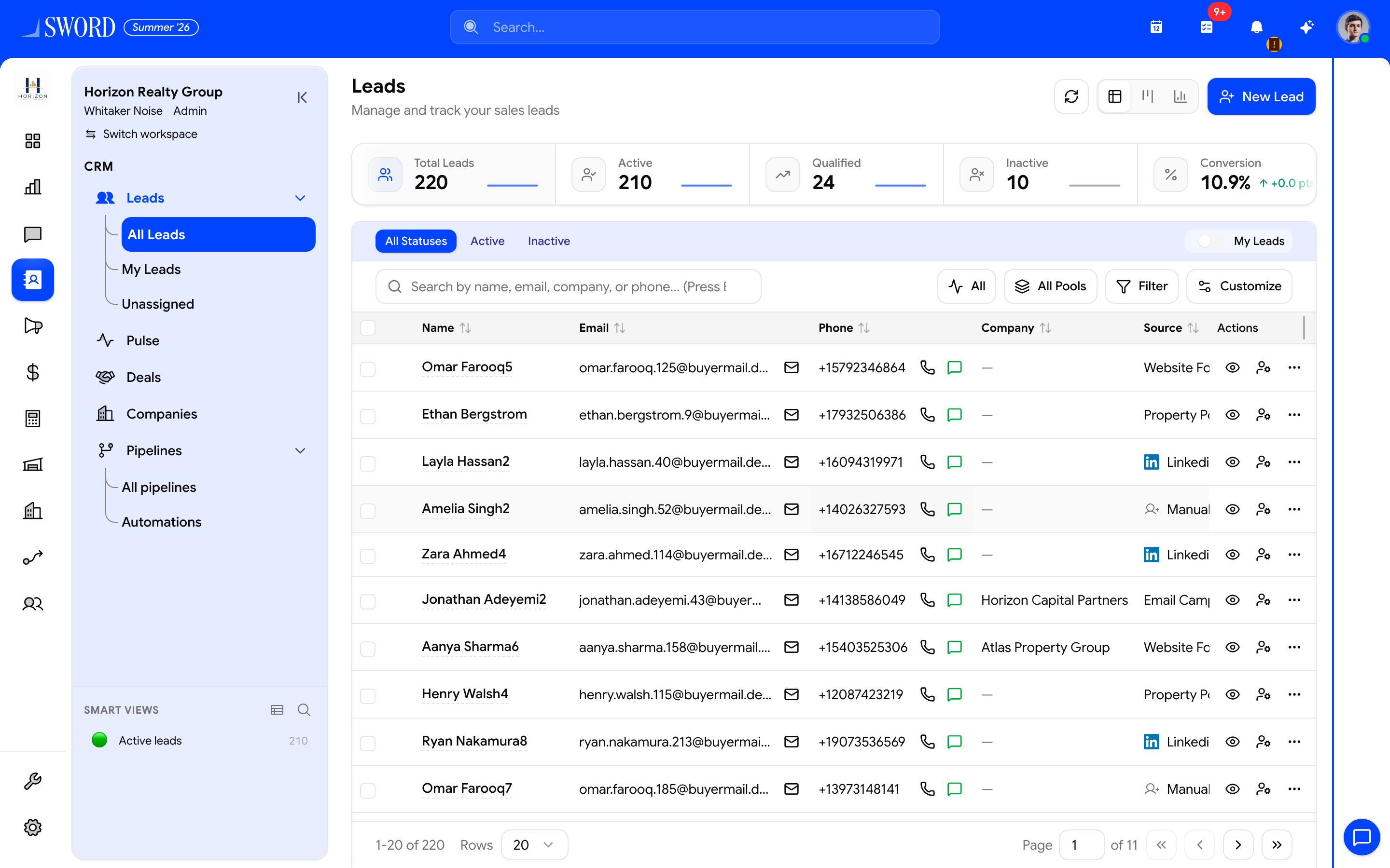 Leads directory with metrics and lead table for Horizon Realty