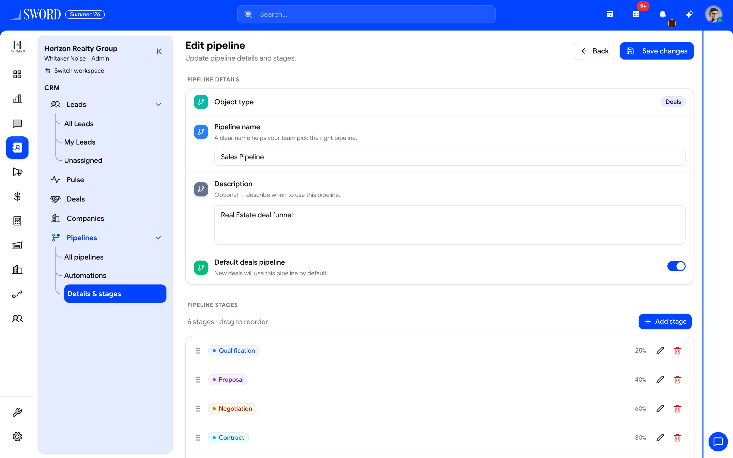 Pipeline editor for stages and probabilities