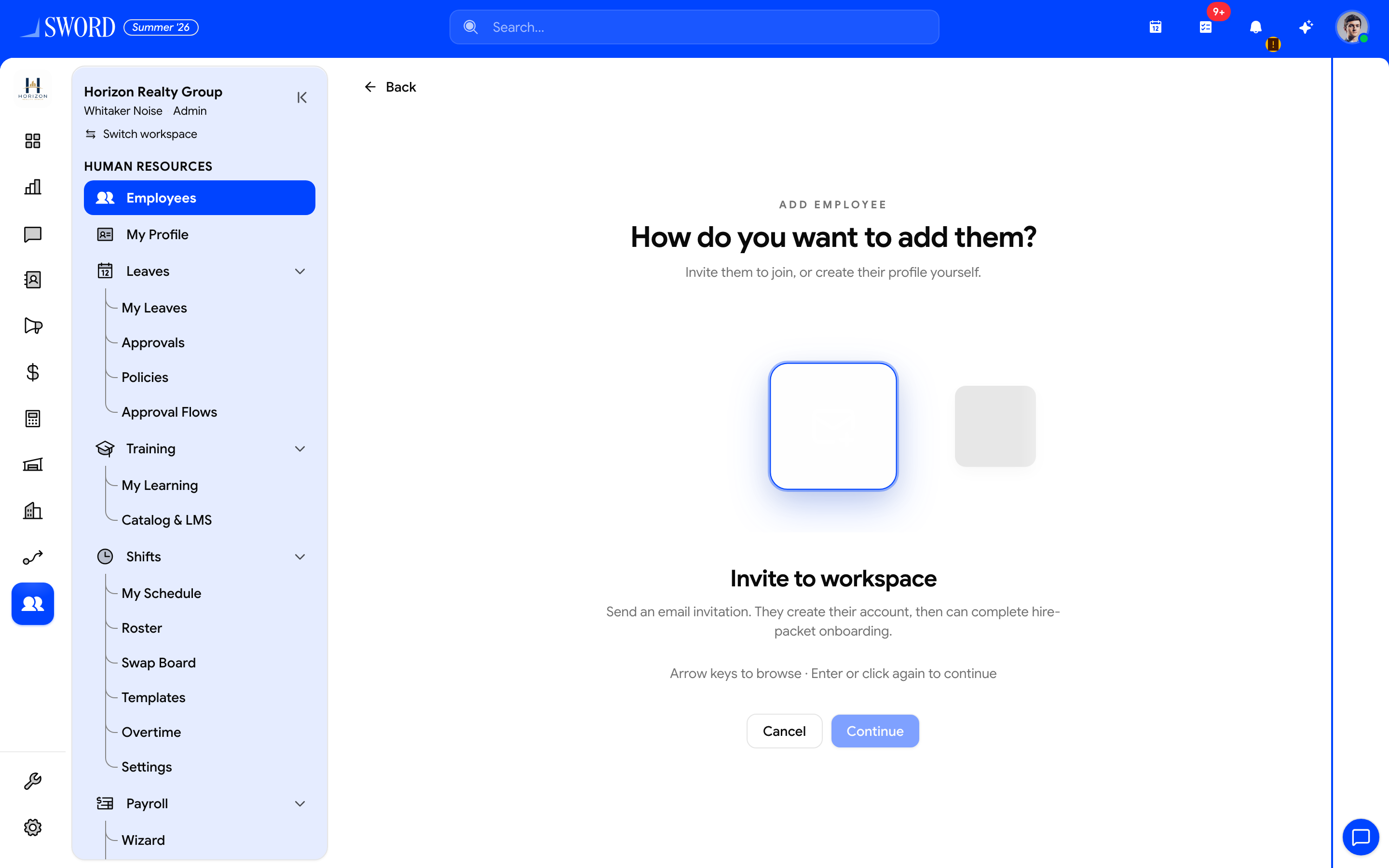 Add Employee wizard choose invite or create profile