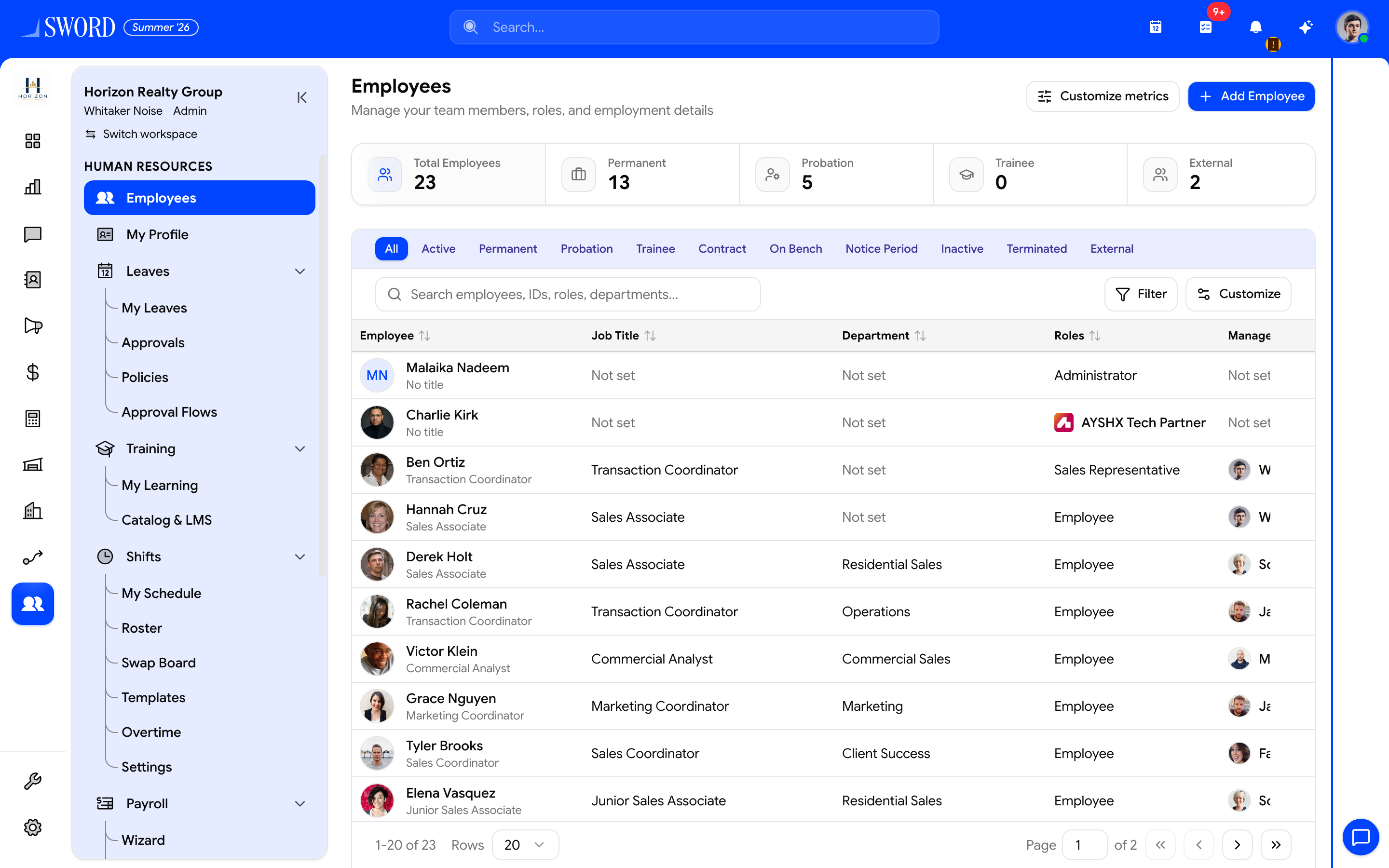 Employees directory with metrics and team table for Horizon Realty