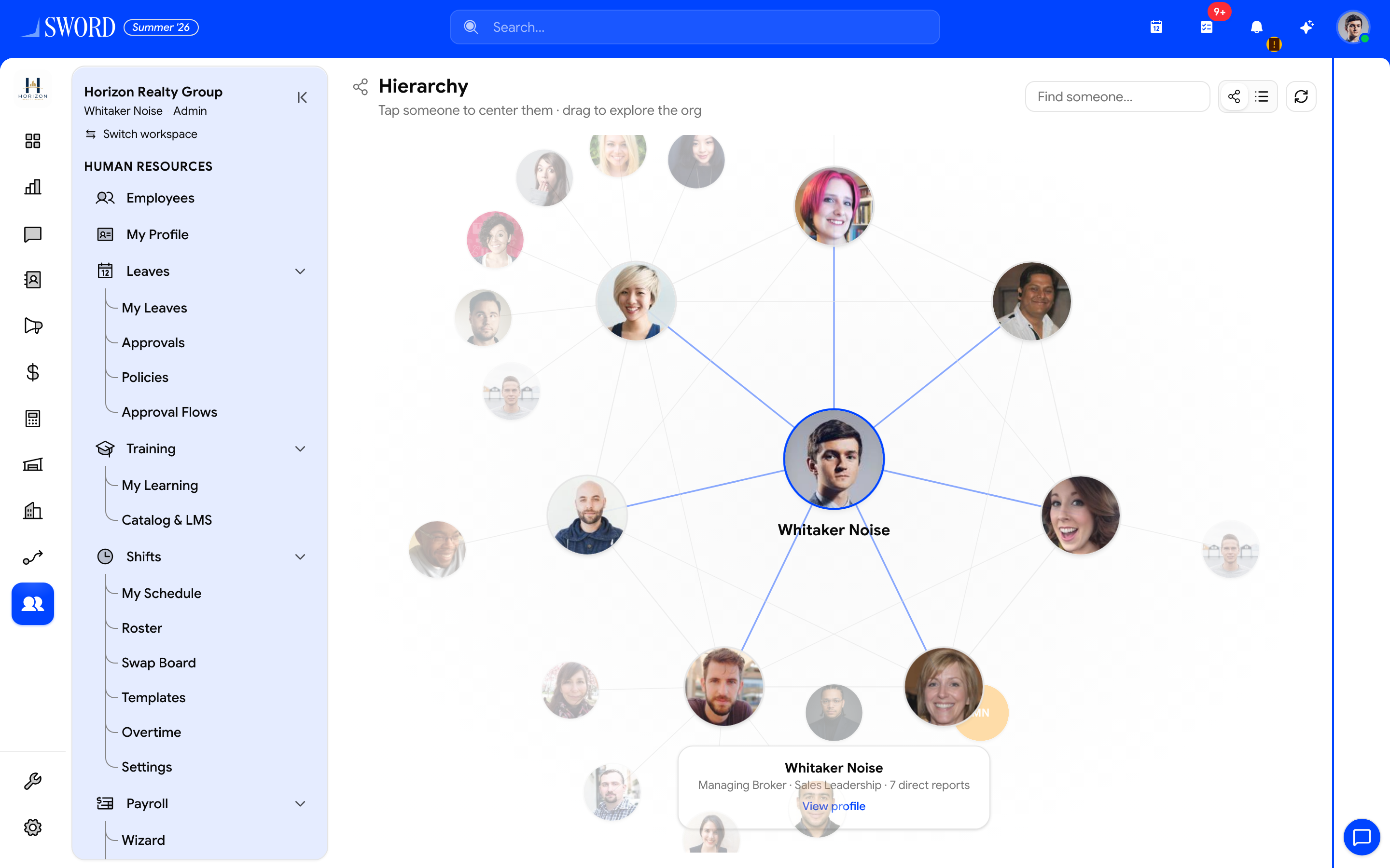 Interactive hierarchy chart centered on Managing Broker