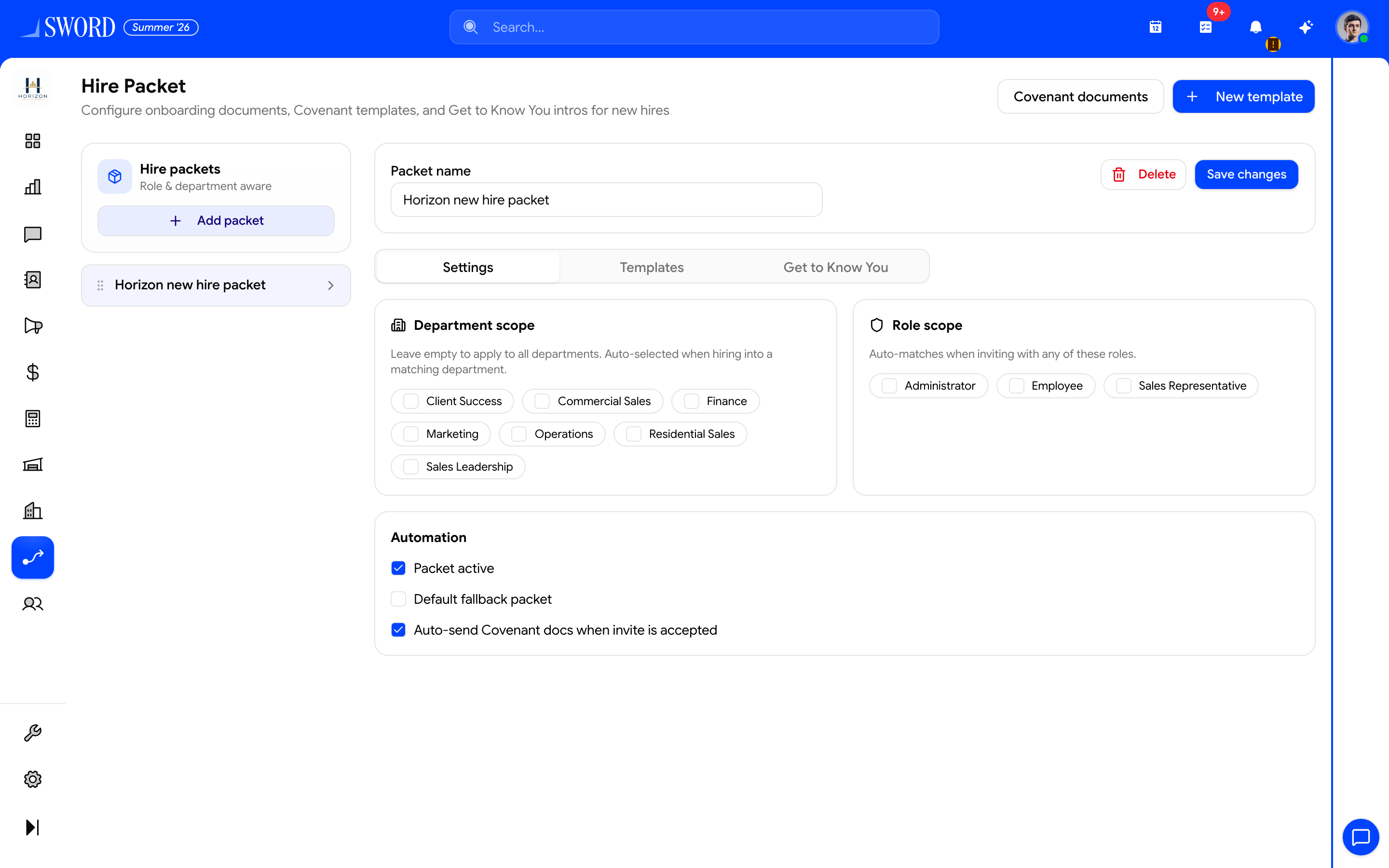 Hire Packet configuration with department scope and auto-send