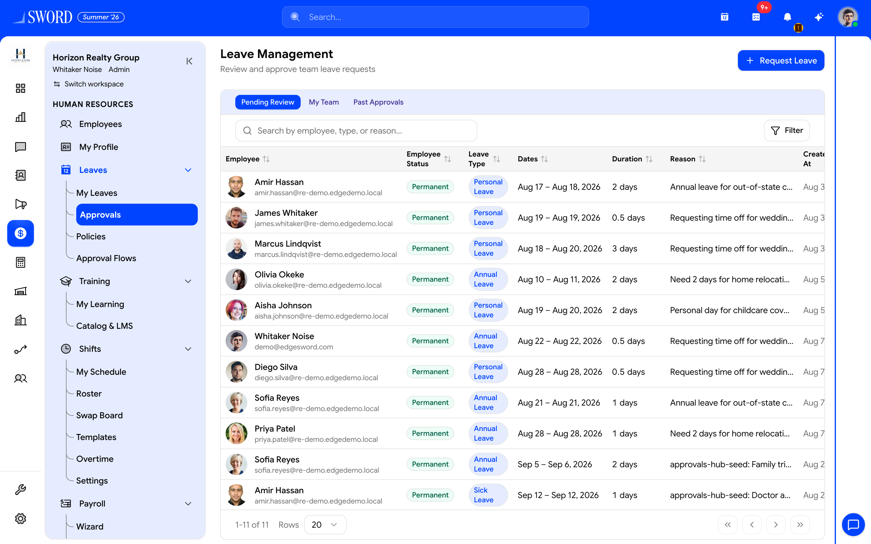 Leave Management Pending Review queue for Horizon Realty