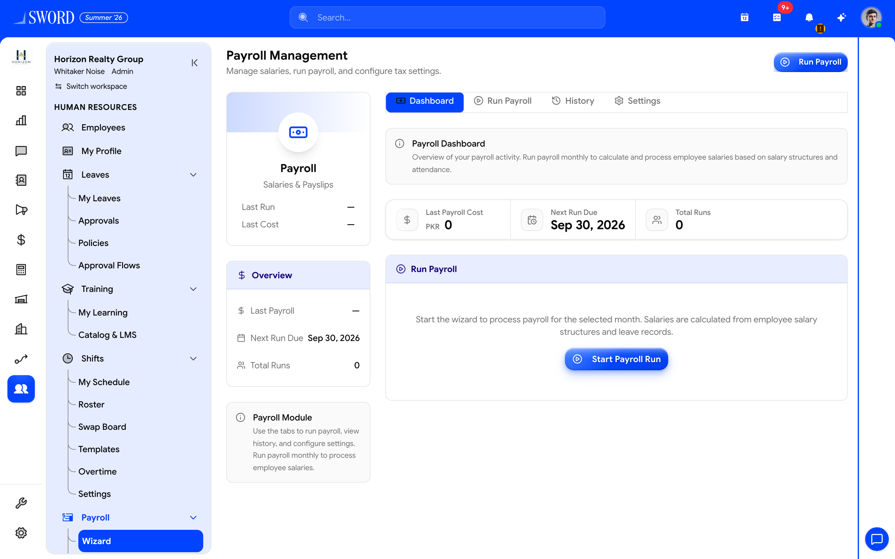 Payroll Management dashboard for Horizon Realty