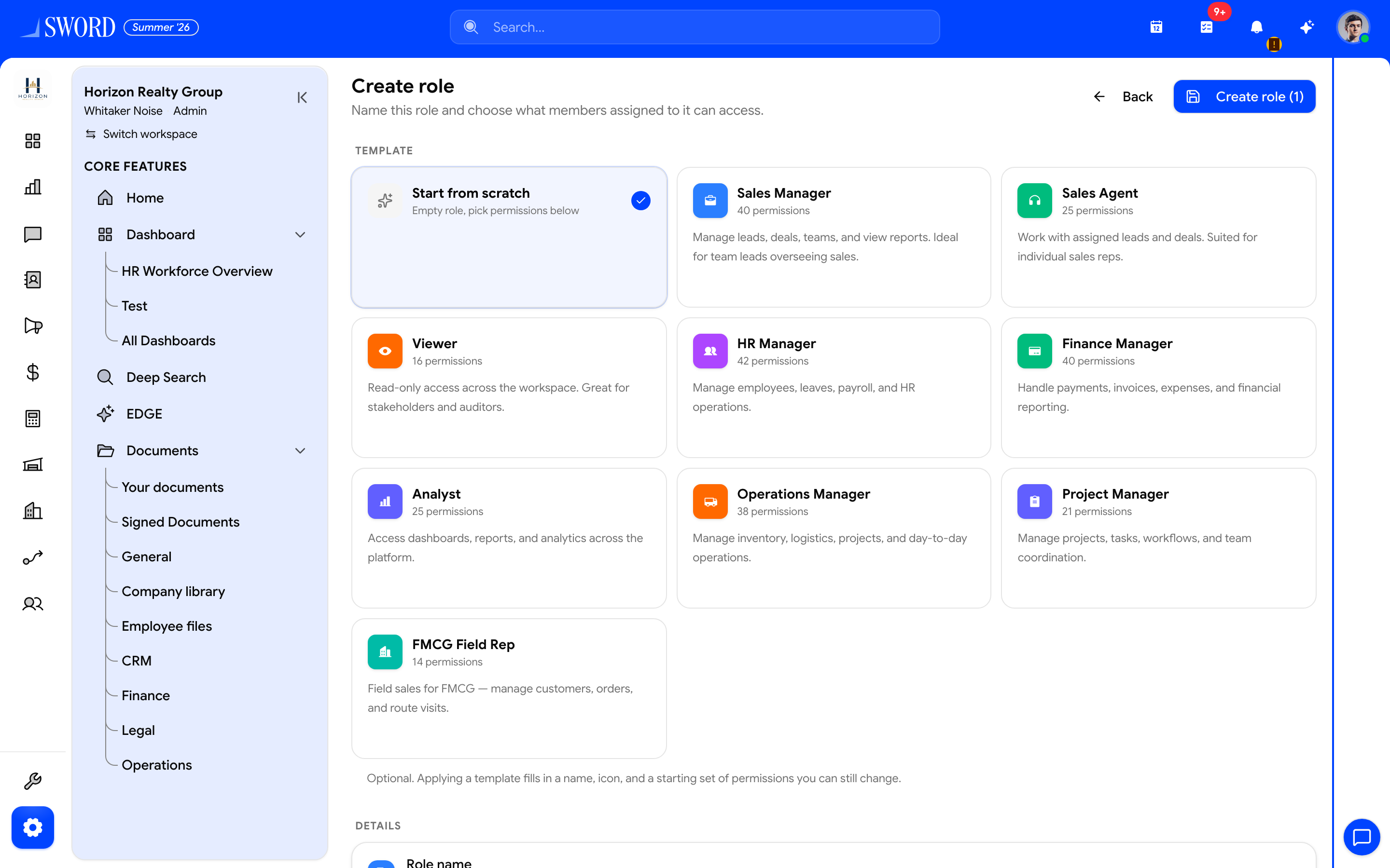 Create role page with permission templates