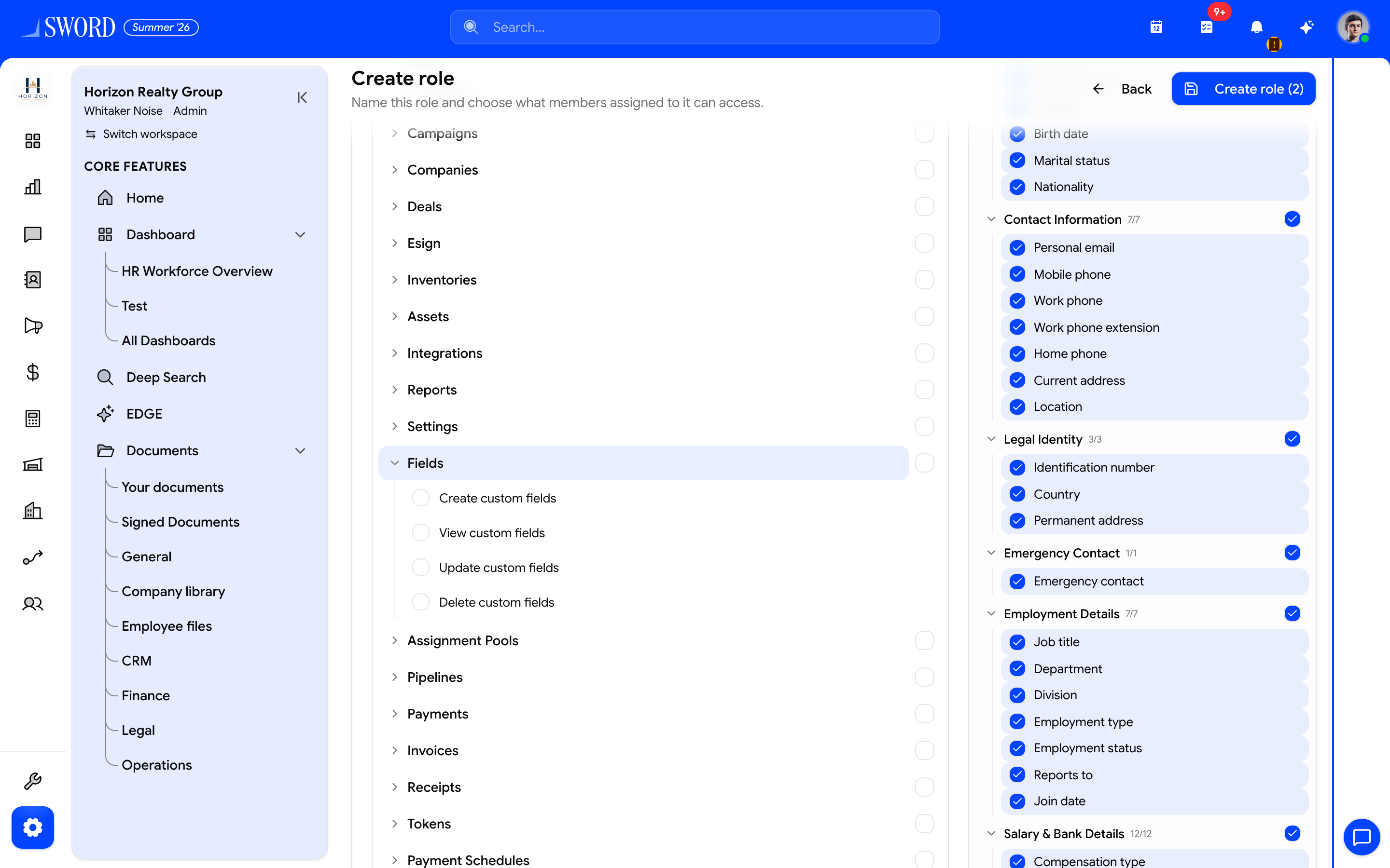 Role editor showing employee field section grants