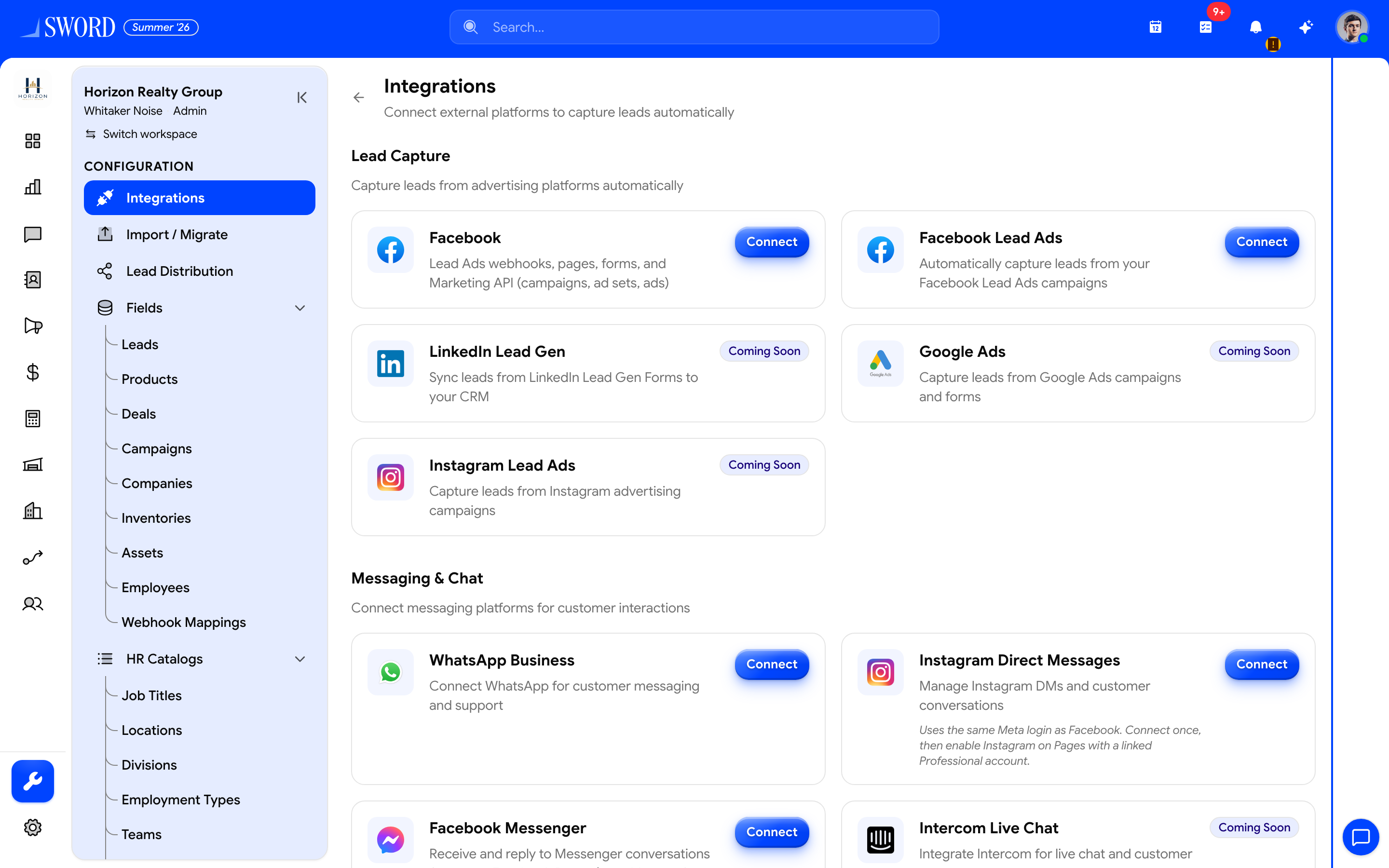Integrations page listing Facebook and messaging channels