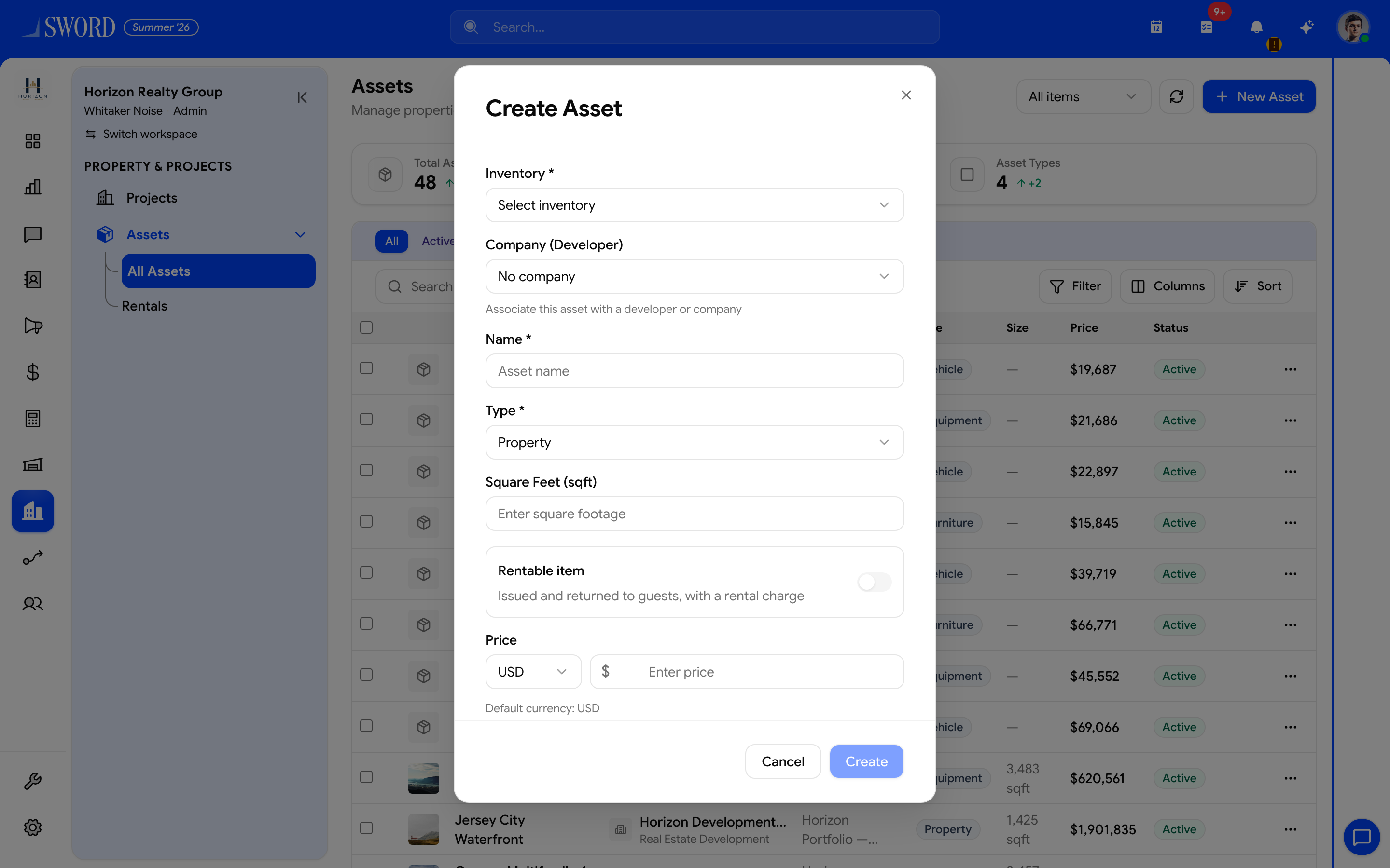 Create Asset dialog for Horizon Realty