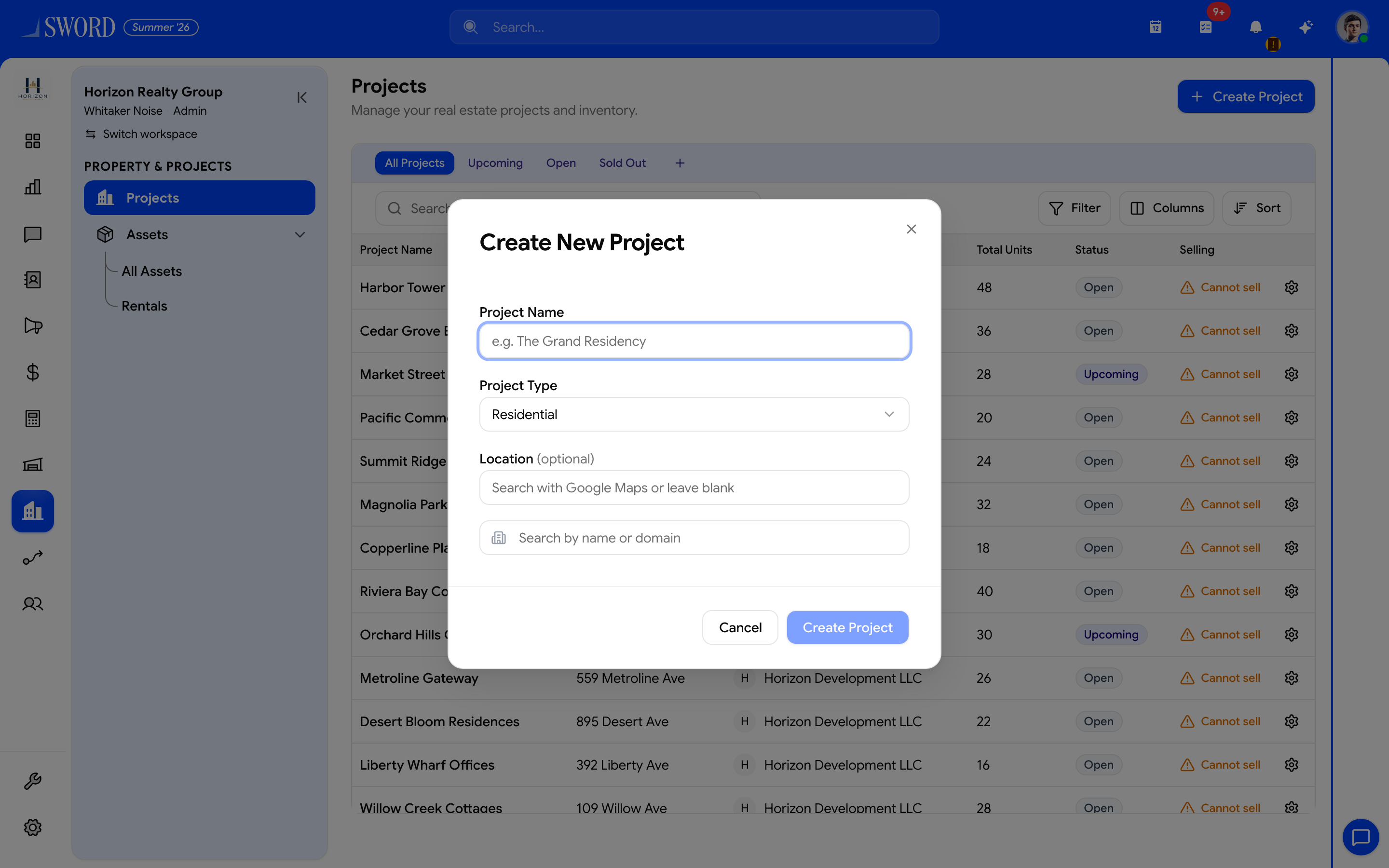 Create New Project dialog for Horizon Realty