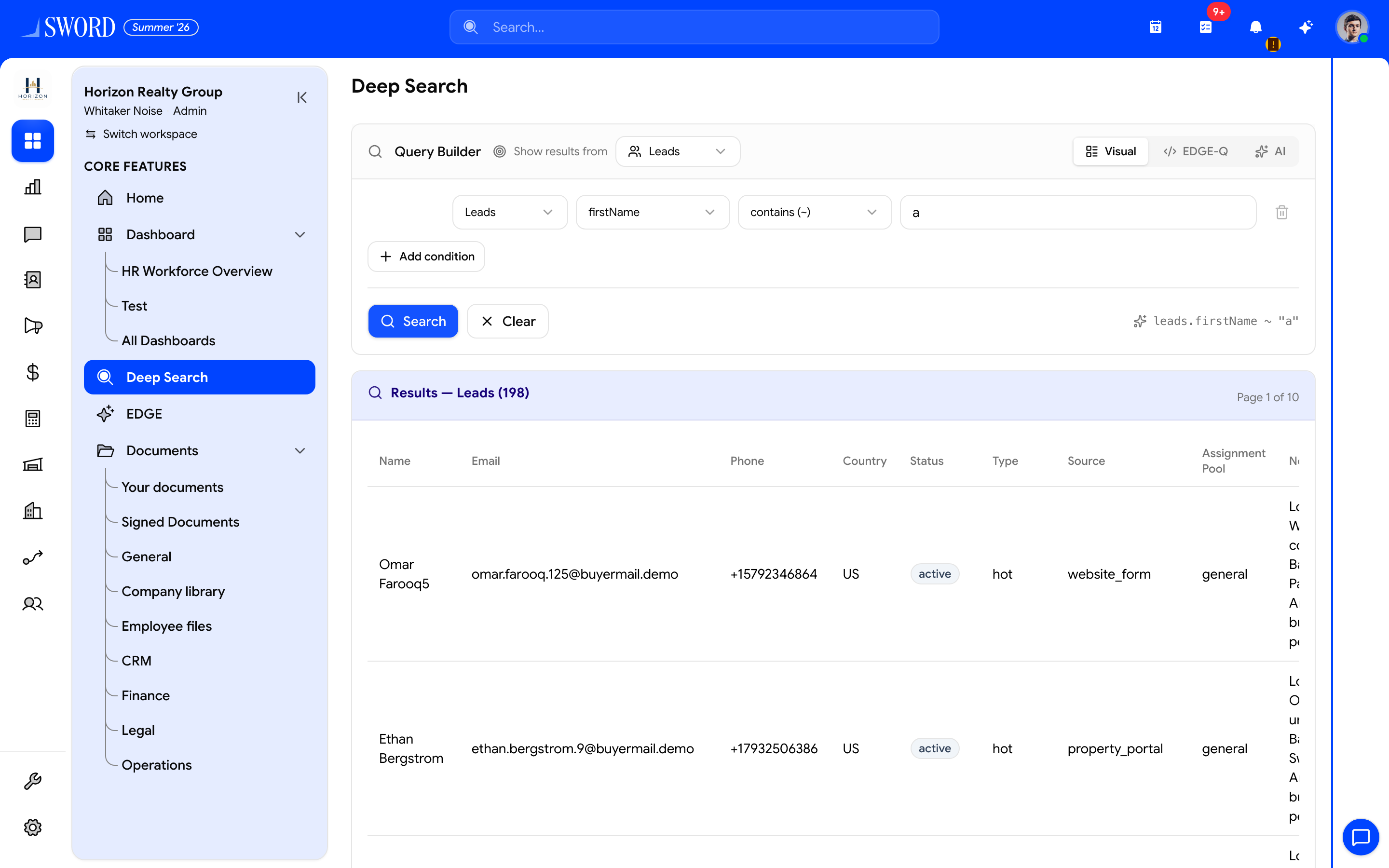 Deep Search visual query builder for Horizon Realty