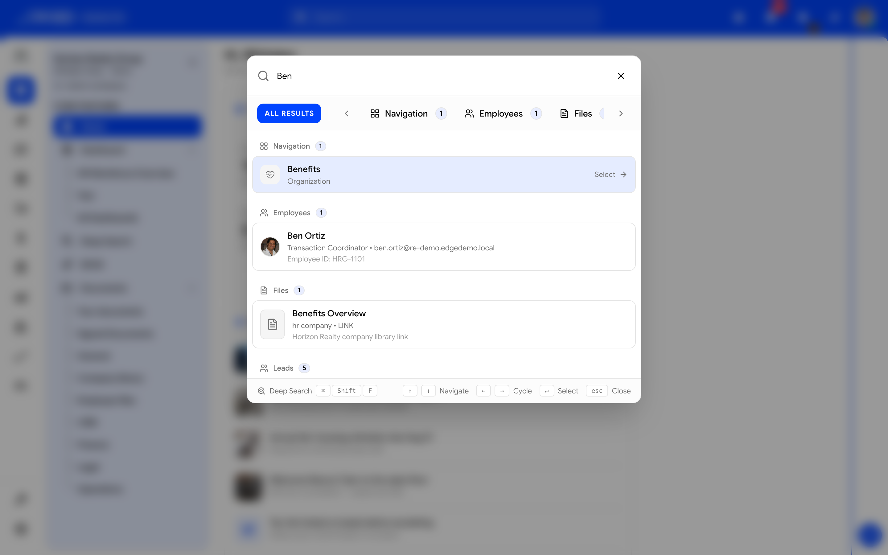 Global search overlay showing employees and files for Horizon Realty