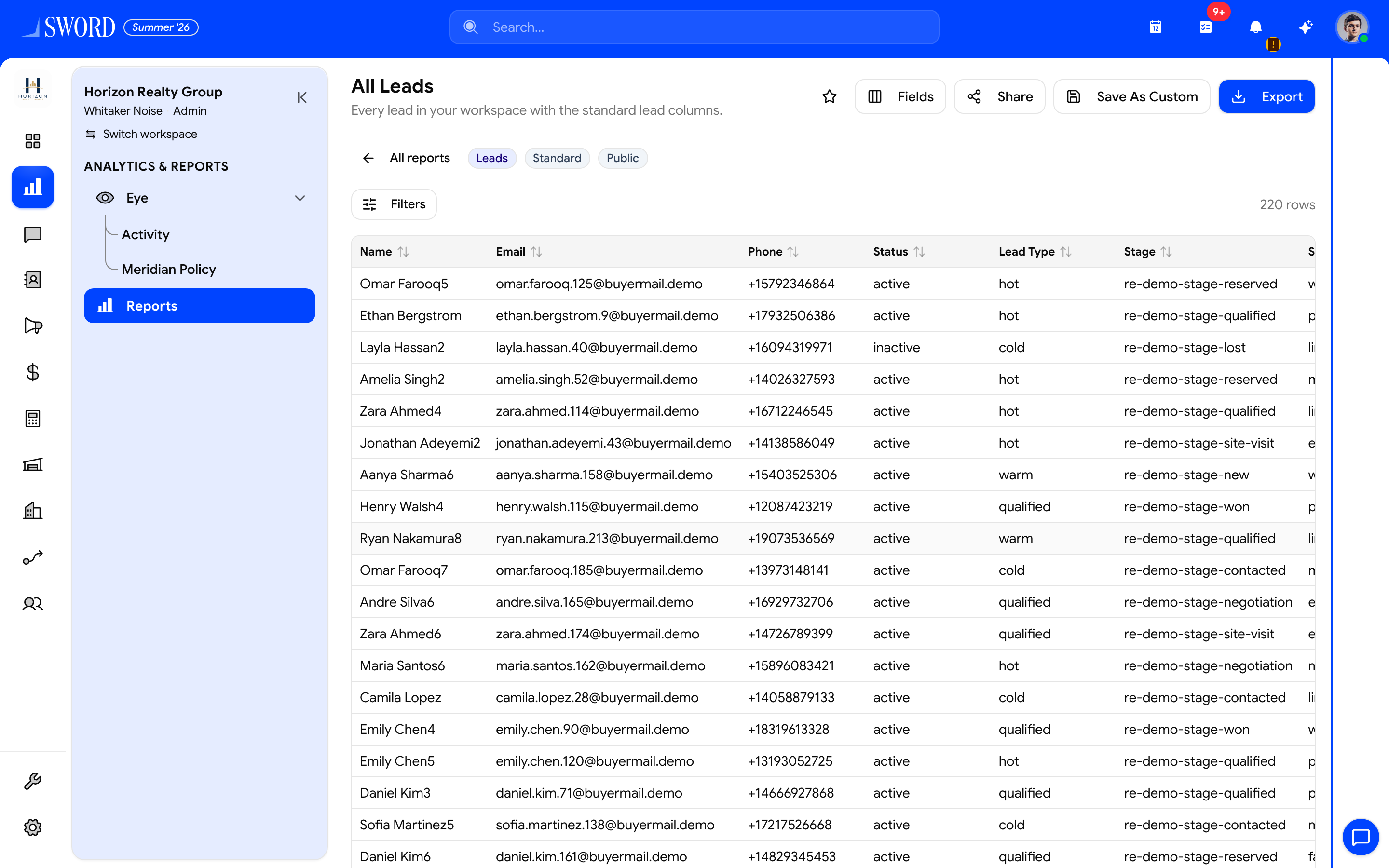 All Leads live table with Fields, Share, Export, and Filters