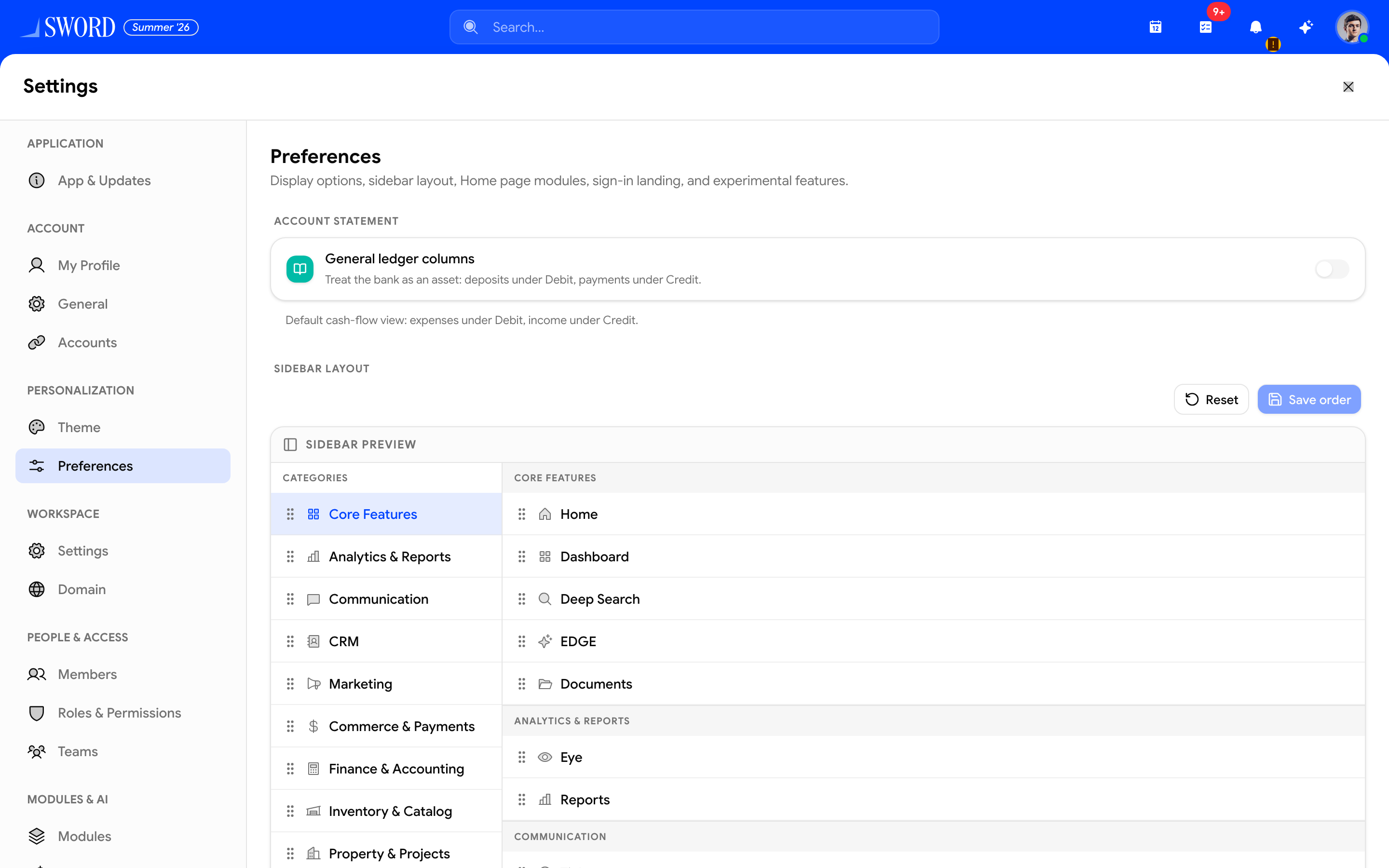 Preferences settings with sidebar layout editor
